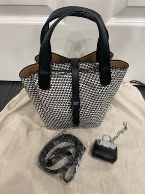 Black & White Woven style vegan leather Tote Bag with Leather Trim